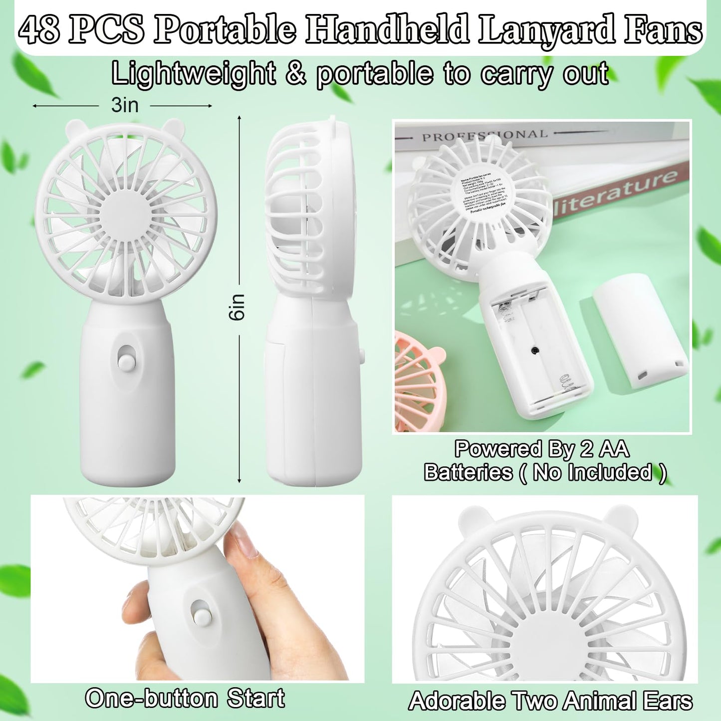 Glooglitter Mini Portable Fans Bulk Handheld Battery Operated Fan with Lanyard Lightweight Personal Fans for Summer Wedding Birthday Party School Office Cooling Gift(White,48 Pcs)