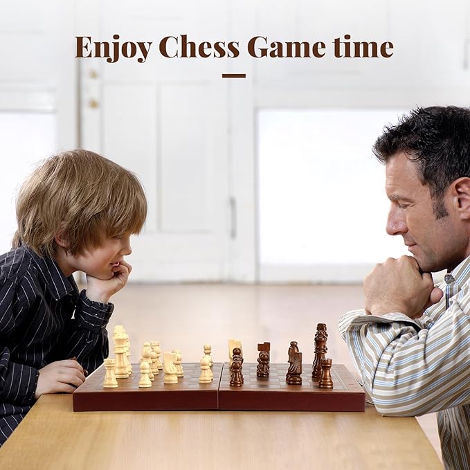 Strong Magnetic Chess Set for Adults &amp Kids 15.4 Leather Chess Board &amp Handcrafted Wooden Chess Pieces with Storage Slots Portable Travel Chess Game for Beginner and Professional