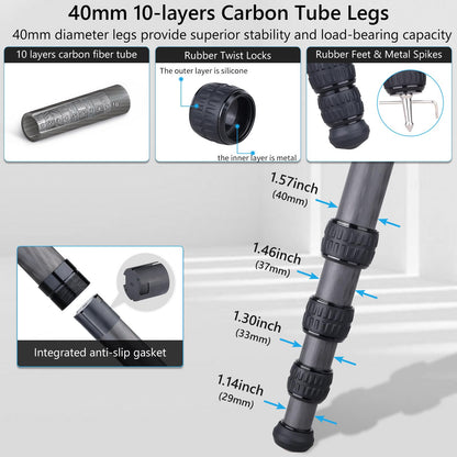 Compact Carbon Fiber Tripod – Heavy Duty 40mm Leg Tubes, Max Height 63.6in/162cm, Stable and Lightweight Travel Stand for DSLR, Video Cameras, Max Load 40kg, Portable for Photography Video Shooting