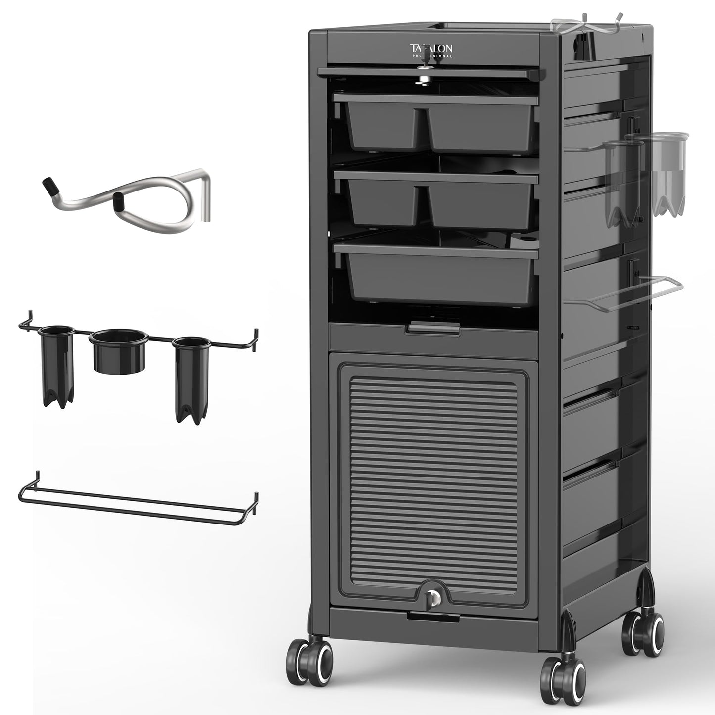 TASALON Lockable Salon Trolley, 6-Drawer Rolling Beauty Cart with Tool Holders, Mobile Hair Stylist Station with Locking Doors & Wheels, Black