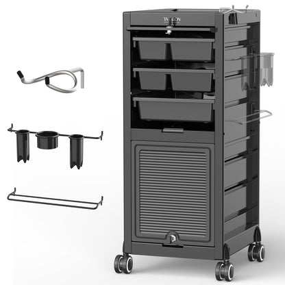 TASALON Lockable Salon Trolley, 6-Drawer Rolling Beauty Cart with Tool Holders, Mobile Hair Stylist Station with Locking Doors & Wheels, Black