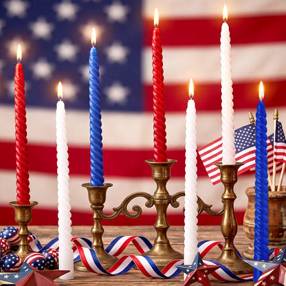 Conelist 12 Pack Red White Blue Spiral Taper Candles Patriotic Flameless Candles Unscented Dripless Twisted Candle Decor with Box 10 Inch for 4th of July 250 Anniversary Independence Day