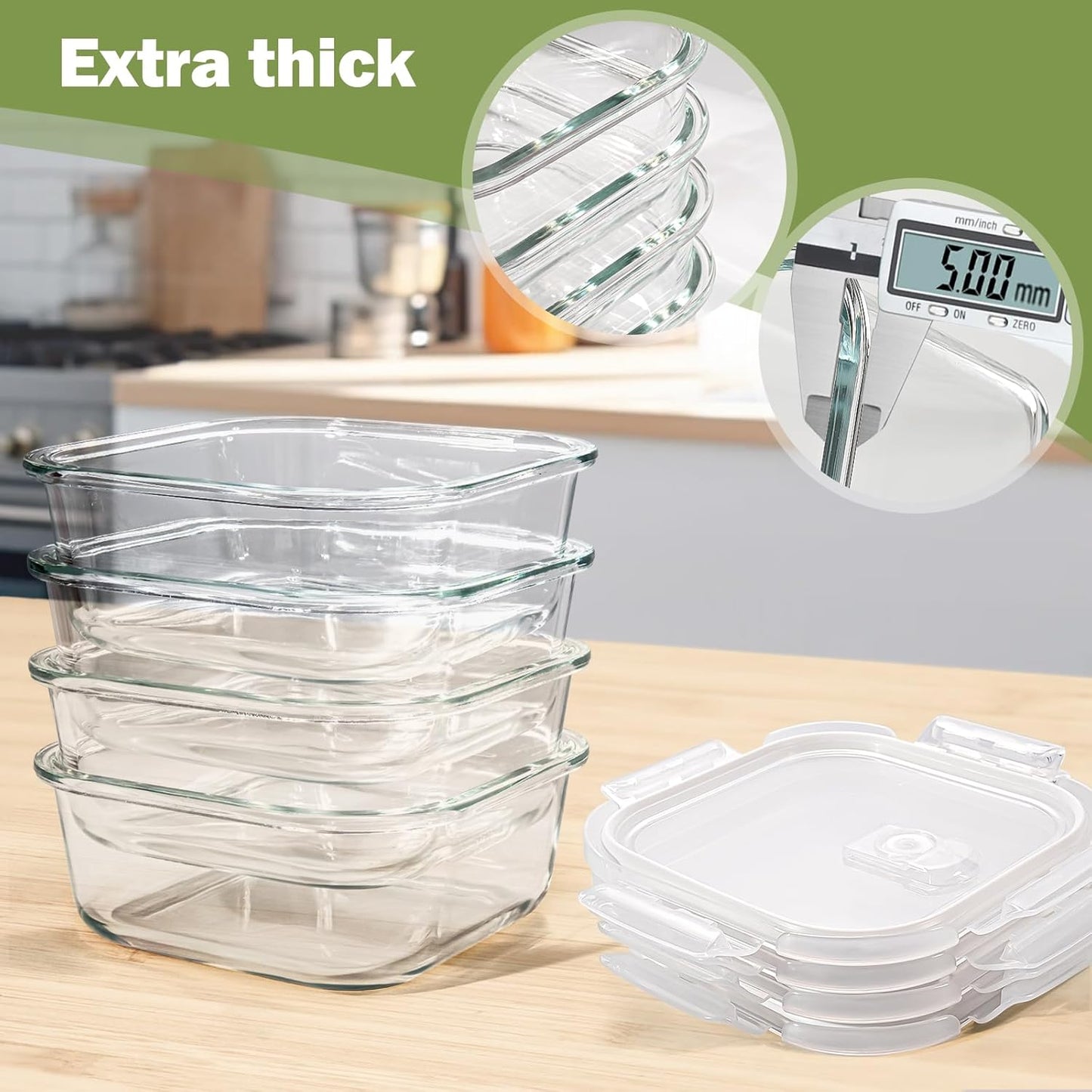 Square Glass Containers - 24oz Borosilicate Food Storage Set | Freezer Safe Meal Prep, 4 Pack