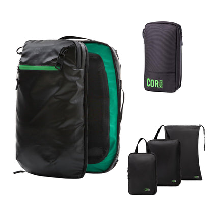COR Surf Carry On Travel Backpack Bundle | Island Hopper Travel Backpack with Toiletry Bag and Compression Packing Cube Set (28L 2.0, Black with Green Zipper)