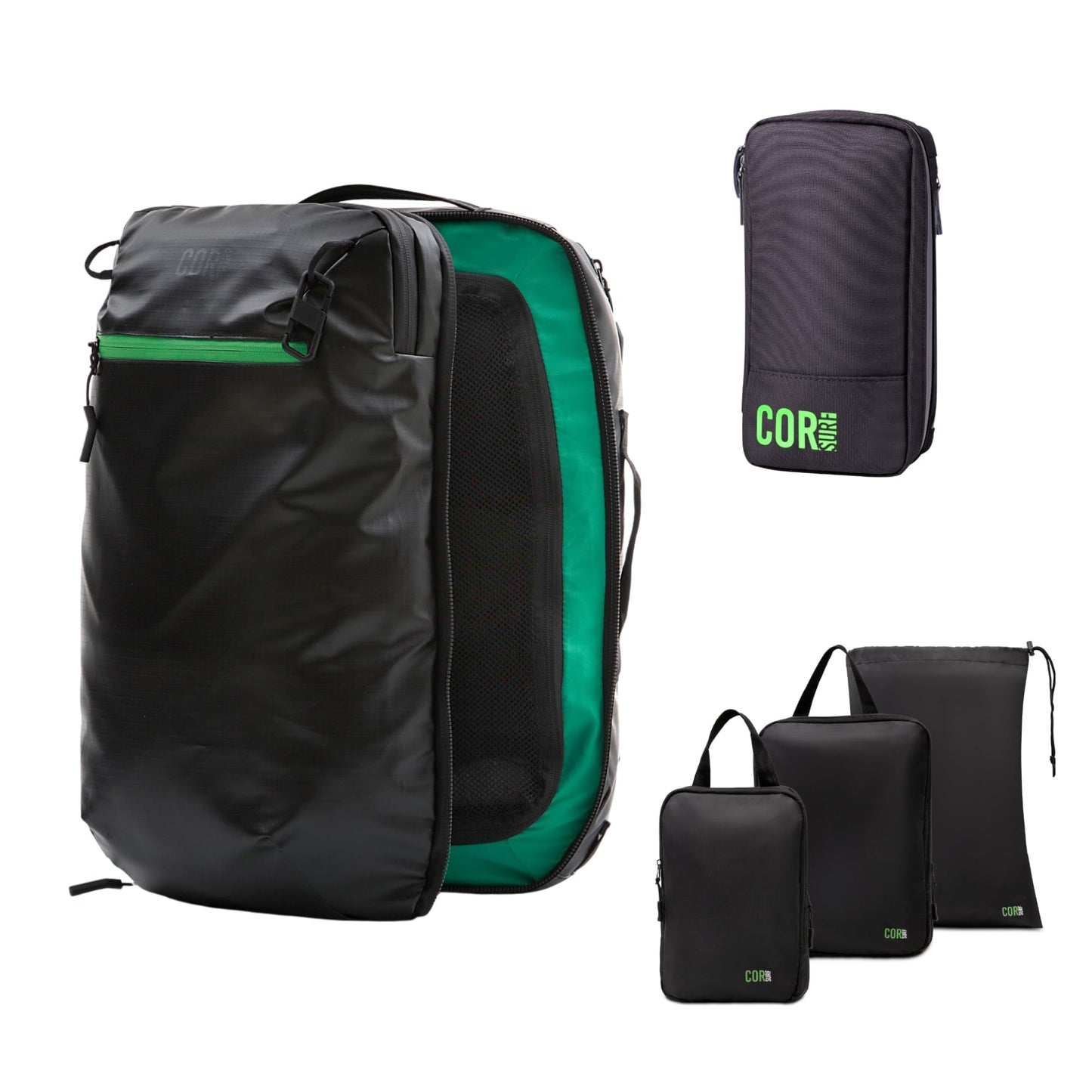 COR Surf Carry On Travel Backpack Bundle | Island Hopper Travel Backpack with Toiletry Bag and Compression Packing Cube Set (34L 2.0, Black with Green Zipper)