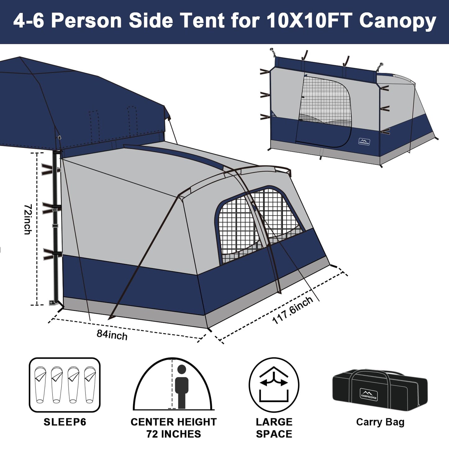 KAMPKEEPER Canopy Side Tent,4-6 Person Camping Cube Tent for 10x10 Pop Up Canopies,Easy Up Gazebo with Window,Compatible with 10' Wide Canopy Tents (Navy Blue)