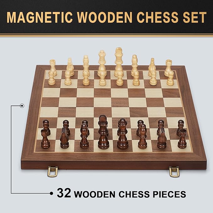 Magnetic Wooden Chess Set 15 Folding Chess Board with 2 Extra Queens Portable Travel Chess Set with Pieces Storage Slots Beginner Chess Board Game for Adults &amp Kids