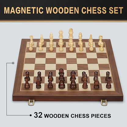 Magnetic Wooden Chess Set 15 Folding Chess Board with 2 Extra Queens Portable Travel Chess Set with Pieces Storage Slots Beginner Chess Board Game for Adults &amp Kids