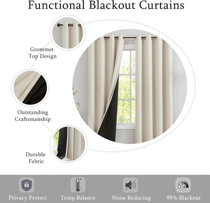 Urban Lotus Ivory Blackout Curtains - Thermal Insulated Room Darkening Drapes | 84" Length, 2 Panels
