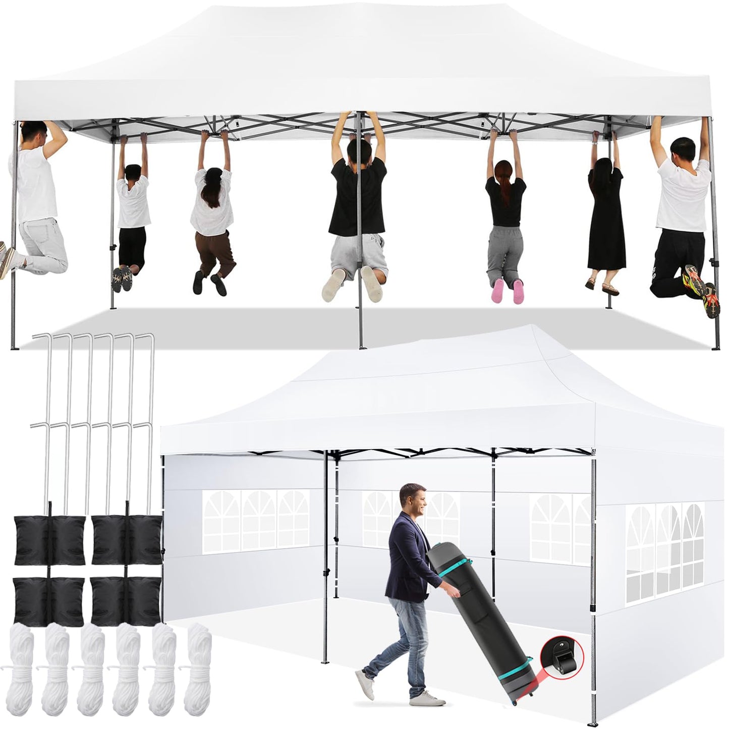 COBIZI 10x20 Pop up Canopy Tent 10x20 Canopy with 6 Sidewalls Waterproof Heavy Duty Commercial Canopy Tent for Parties Outdoor Garden Gazebo, Carry Bag with Wheel(10x20ft, Snow White)