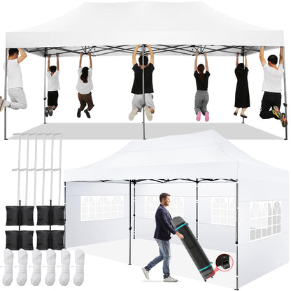 COBIZI 10x20 Pop up Canopy Tent 10x20 Canopy with 6 Sidewalls Waterproof Heavy Duty Commercial Canopy Tent for Parties Outdoor Garden Gazebo, Carry Bag with Wheel(10x20ft, Snow White)