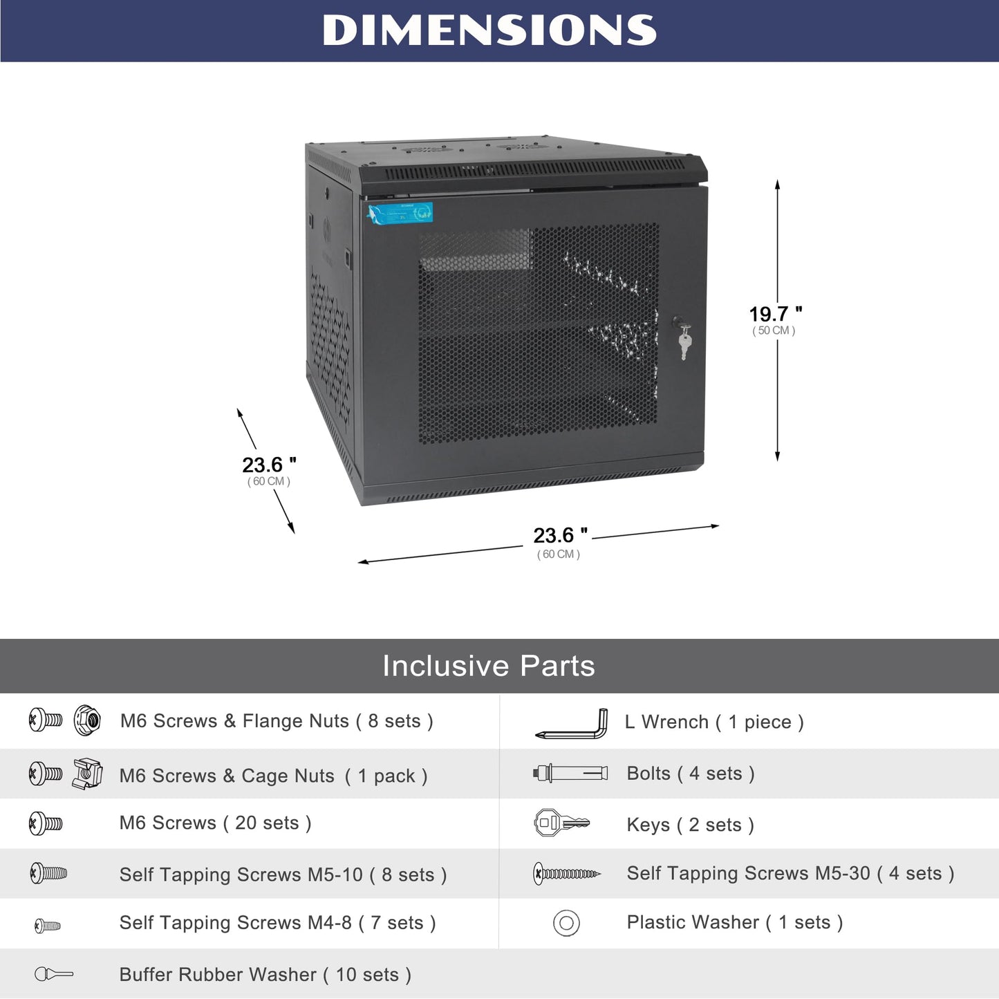 OCEANHUG 9U Wall Mount Server Cabinet with A Lockable Front Vented Door, Cooling Fans, Removable Side Panels - 60cm Depth, 19" Network Rack Including 2 PCS Full-Size Rack Shelves for IT Equipment
