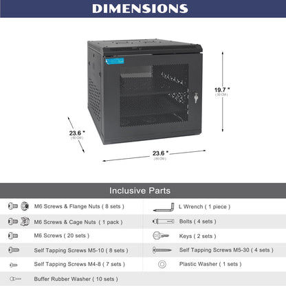 OCEANHUG 9U Wall Mount Server Cabinet with A Lockable Front Vented Door, Cooling Fans, Removable Side Panels - 60cm Depth, 19" Network Rack Including 2 PCS Full-Size Rack Shelves for IT Equipment