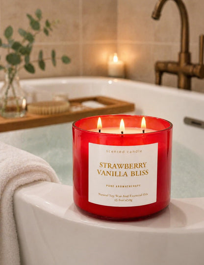 Strawberry Vanilla Bliss 3-Wick Soy Candle | 15.8 oz Large Aromatherapy Candle for Home | Clean Burn Long Lasting | Berry Vanilla Scent | Gift Ready