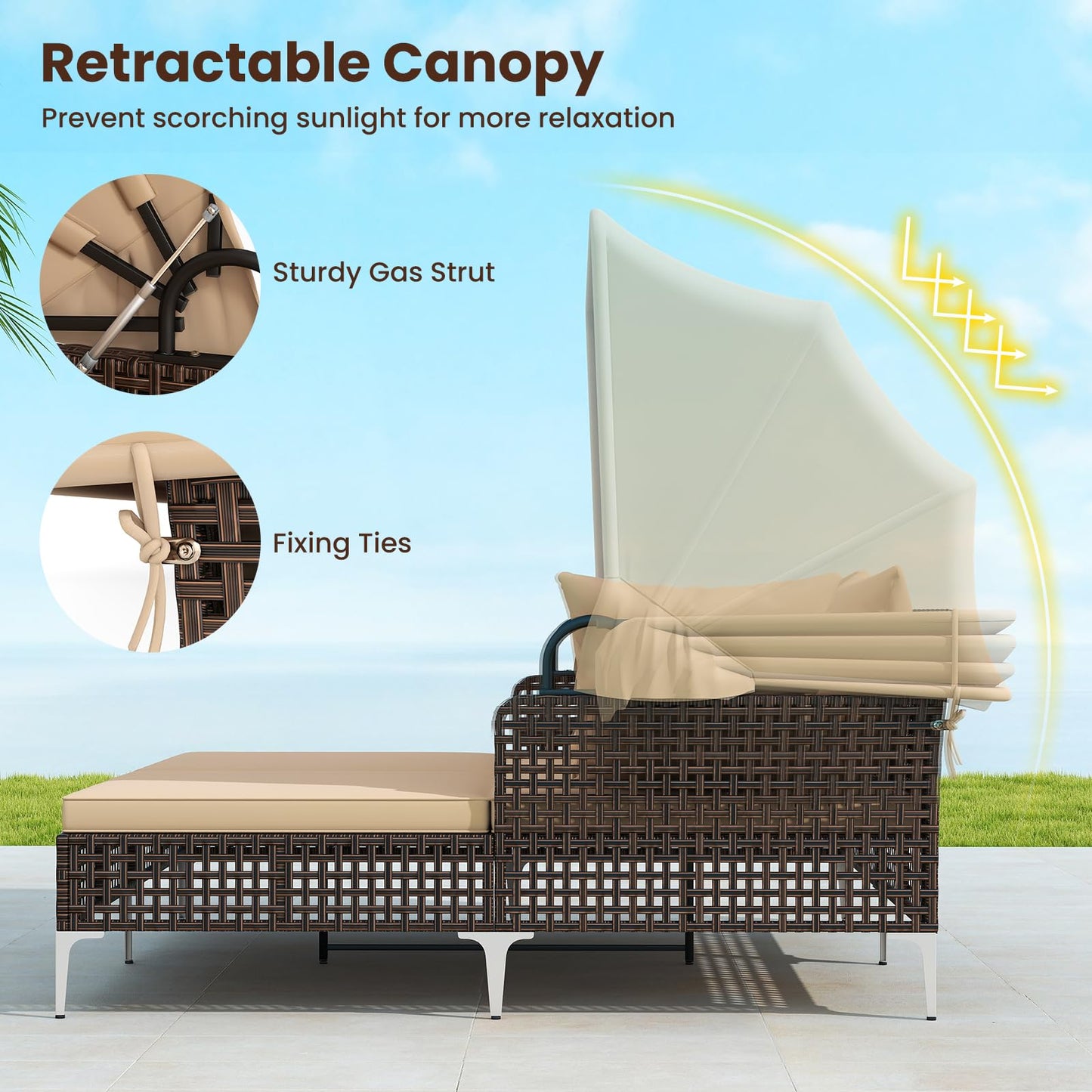 Tangkula Outdoor Rattan Daybed with Retractable Canopy, Boho Patio Wicker Sunbed with Metal Support, Pillows & Cushions, Outdoor Double Chaise Lounge with Shade for Backyard, Poolside, Deck & Balcony