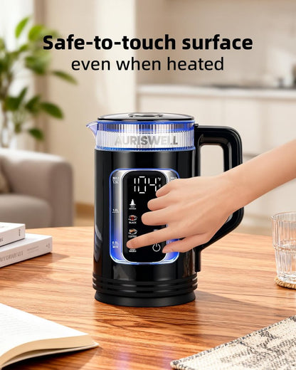 Auriswell Electric Tea Kettle with Temperature Control, Glass smart Water Boiler for Tea, Coffee & Boil, Automatic Shut Off, 12h Keep Warm & One-Touch 6 Presets