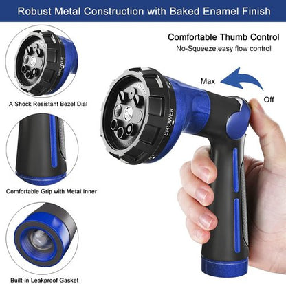 FANHAO Heavy Duty Metal Garden Hose Nozzle - 8 Spray Patterns with Thumb Control | Blue