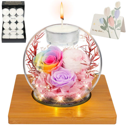 Preserved Colorful Real Rose in Glass with Scented Candles–– Forever Flower Romantic Anniversary Christmas Birthday Valentines Mothers Day Gifts for Mom, Women, Wife, Girlfriend, Her, Grandma