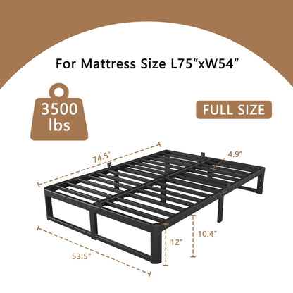 VYM 12 Inch Full Bed Frame, Platform Bed Frames with Metal Gaskets, Anti-Slip Mattress Stopper, No Box Spring Needed, Heavy Duty Steel Slat Support 3500 LBS, Round Corner Leg, Easy Assembly, Black