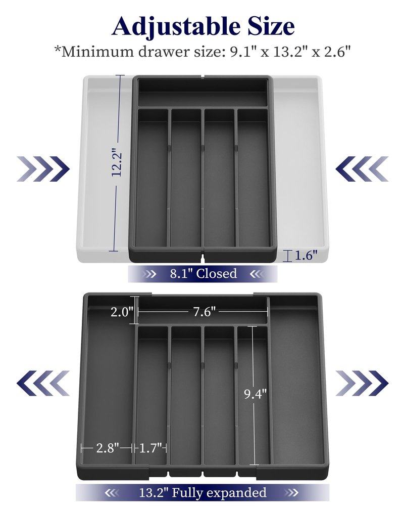 Kitsure Silverware Organizer for Drawers - Expandable Cutlery and Utensil Drawer Organizer with Easy Maintenance, Premium PP Kitchen Organizers and Storage for Flatware, Black, 13.2" x 12.2" x 1.6"