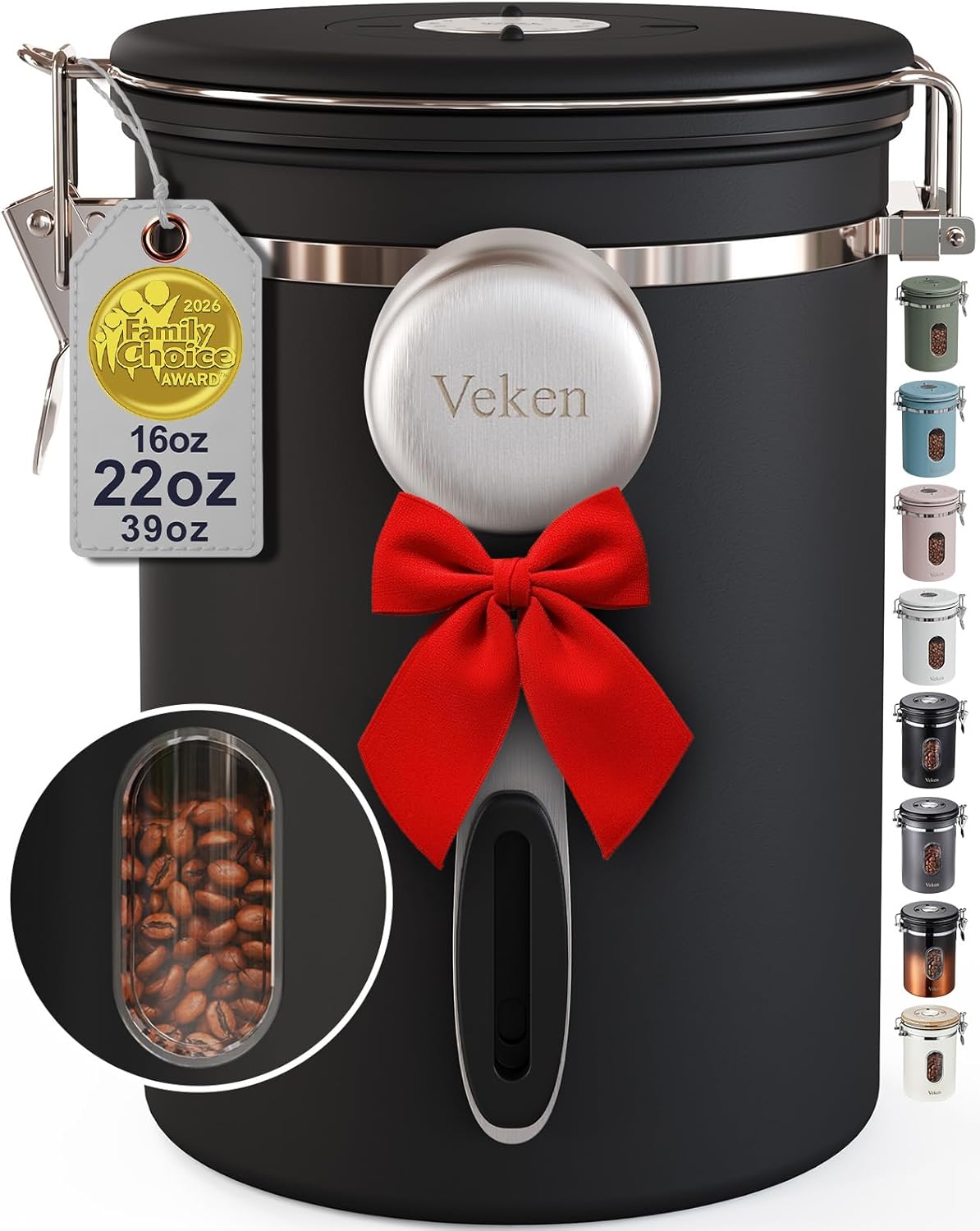 Veken Coffee Canister - Airtight Stainless Steel Container with Window - 22oz Black for Freshness