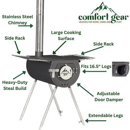 Comfort Gear 18" Outfitter Camp Stove – Heavy-Duty Lightweight Steel, Fits 16.5" Logs, XL Cooking Surface, Drying Rack, Adjustable Damper, Carry Bag, 1-YEAR Warranty