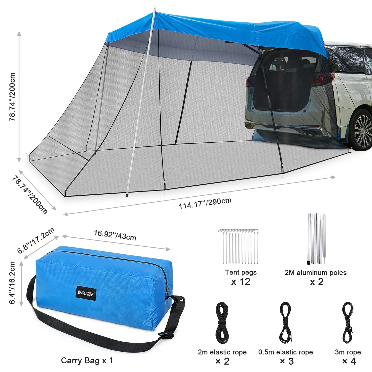 G4Free Car Awning Sun Shelter with Mosquito Net, Portable SUV Tent Tailgate Shade Car Canopy for Outdoor Camping Travel (Blue)
