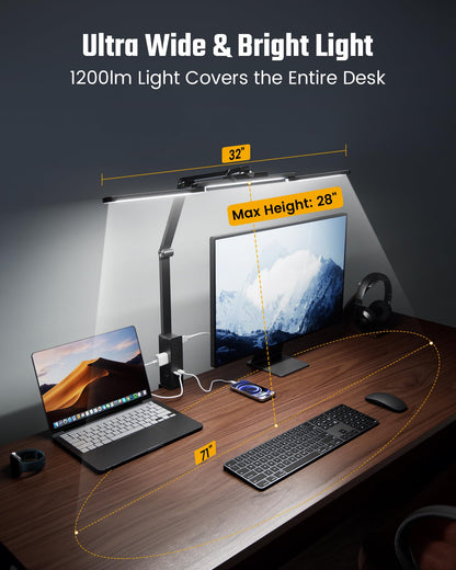 SUPERDANNY LED Desk Lamp with Power Strip, 6 Outlets, USB & Type-C, Large, Black, Model SDDL02