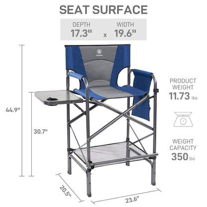 EVER ADVANCED Tall Folding Chair 30.7" Seat Height Directors Chair High Foldable Bar Stool for Makeup Artist Face Painting with Side Table Cup Holder and Storage Pocket Supports 350LBS (Blue/Grey)