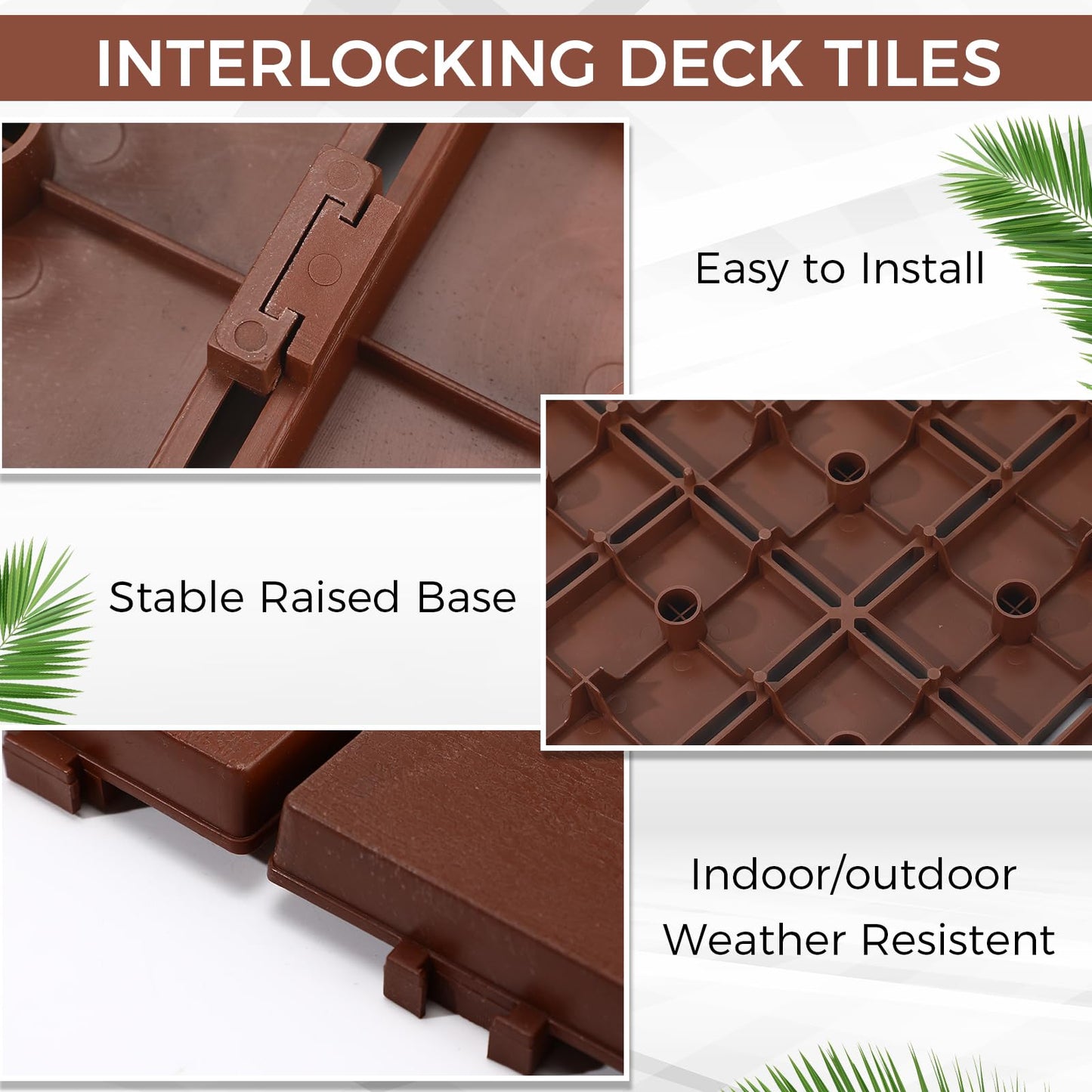 BreezeHug 44 Pack Interlocking Deck Tiles 12"x12"x0.8" Plastic Waterproof Floor Tiles, Outdoor Interlocking Flooring Panels for Patio Garden Poolside Balcony Porch(Brown)