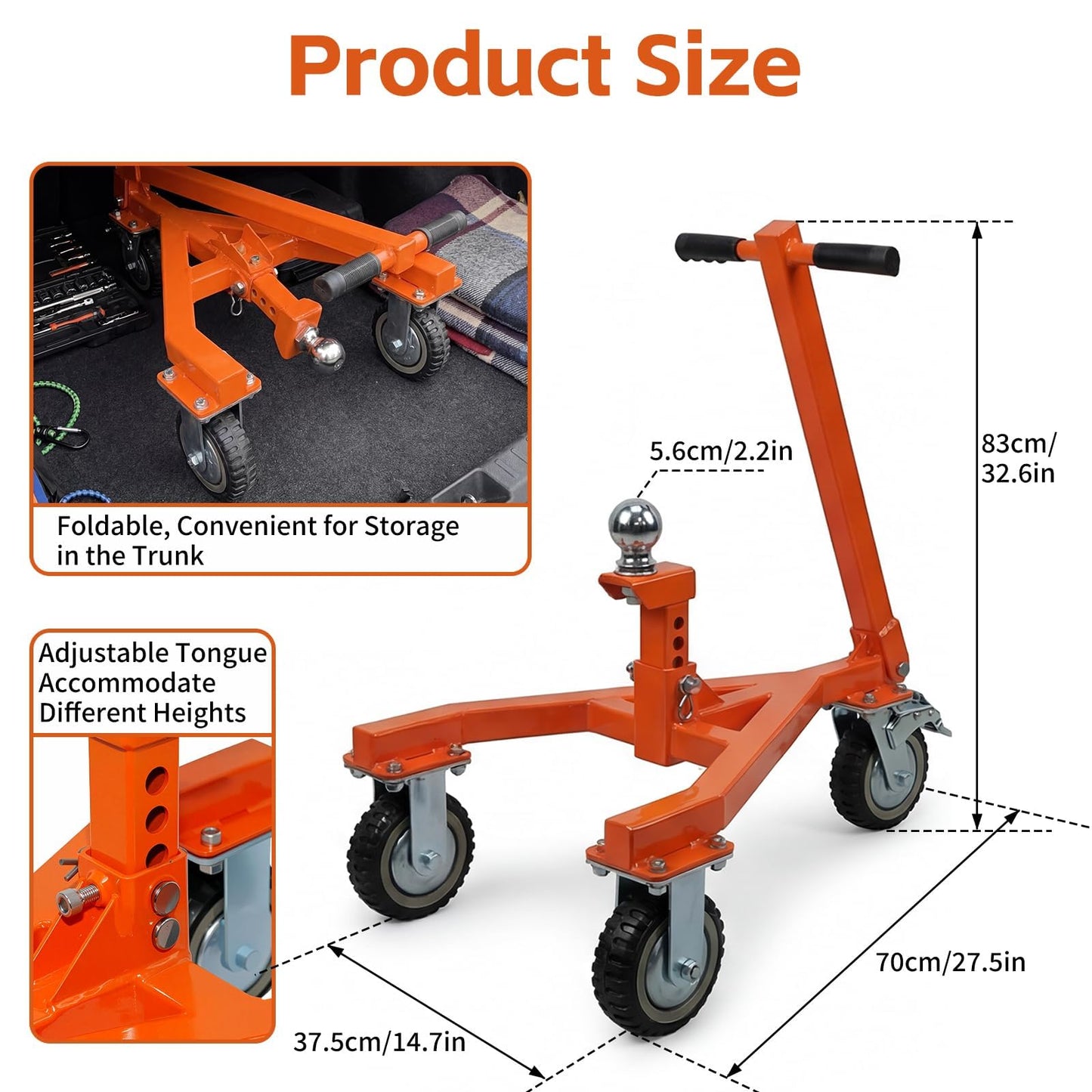 Trailer Mover Dolly with 2'' and 2-5/16'' Receiving Tongues, Load Capacity 3500 Lbs Trailer Tug with Three Wheels, Adjustable Tongue Height for RV Boat Motorcycle, Moving Trailers, Campers, Orange