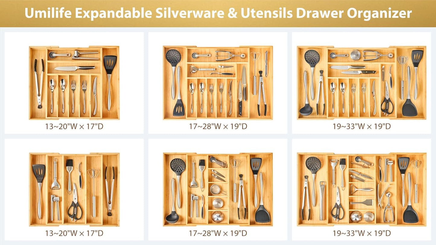 Umilife Bamboo Wood Silverware Organizer - Large Expandable Utensils Drawer Divider, 2.5" Adjustable Height