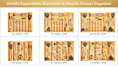Umilife Bamboo Wood Silverware Organizer - Large Expandable Utensils Drawer Divider, 2.5" Adjustable Height
