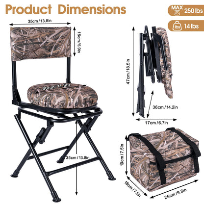 GUANIEE 360° Swivel Hunting Chair Folding Silent Hunt Blind Chair, Portable Ground Sniper Seat for Fishing Dove Deer Hunting, with Storage Bag, Camo Khaki