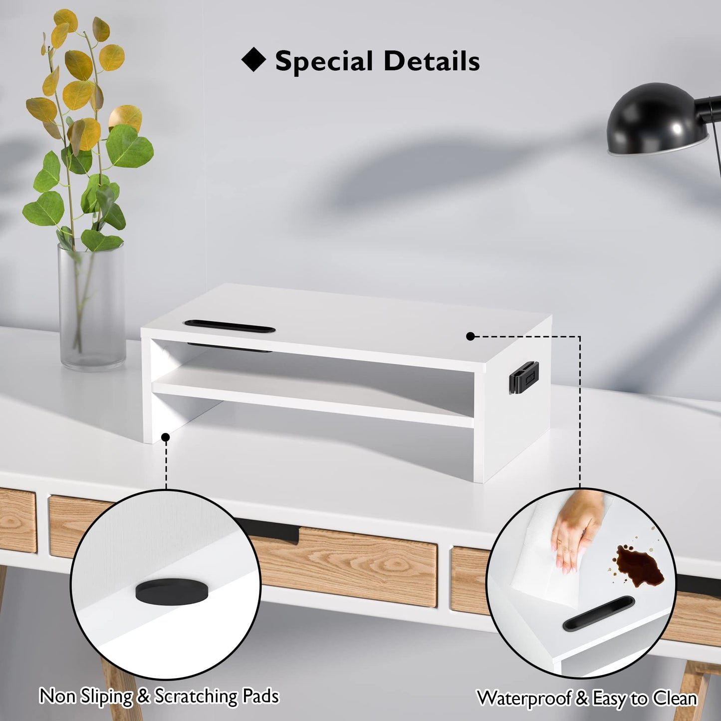 BONTEC Wooden Monitor Stand Riser, 2-Tier Desk Shelf with Storage Organizer, Ergonomic Computer Stand with Cable Management, Cellphone Holder, White, 16.5 Inch