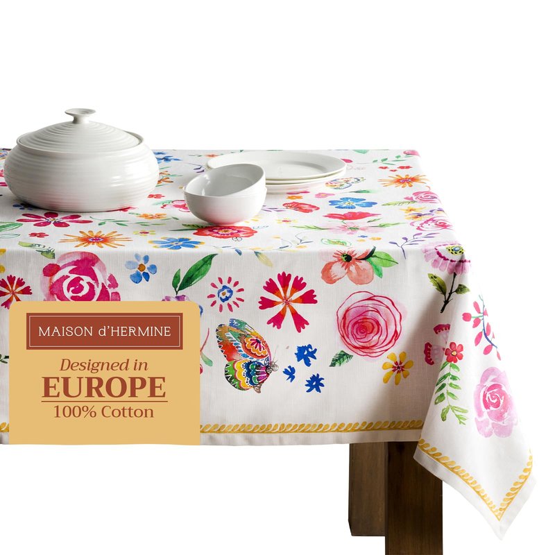 Maison d' Hermine Table Cloth Rectangle Table 100% Cotton 60 x 90 Inches Tablecloth Reusable Decorative for Dining Kitchen Farmhouse Home Gifts for Mothers Day Spring Summer - Happy Florals - Sweety