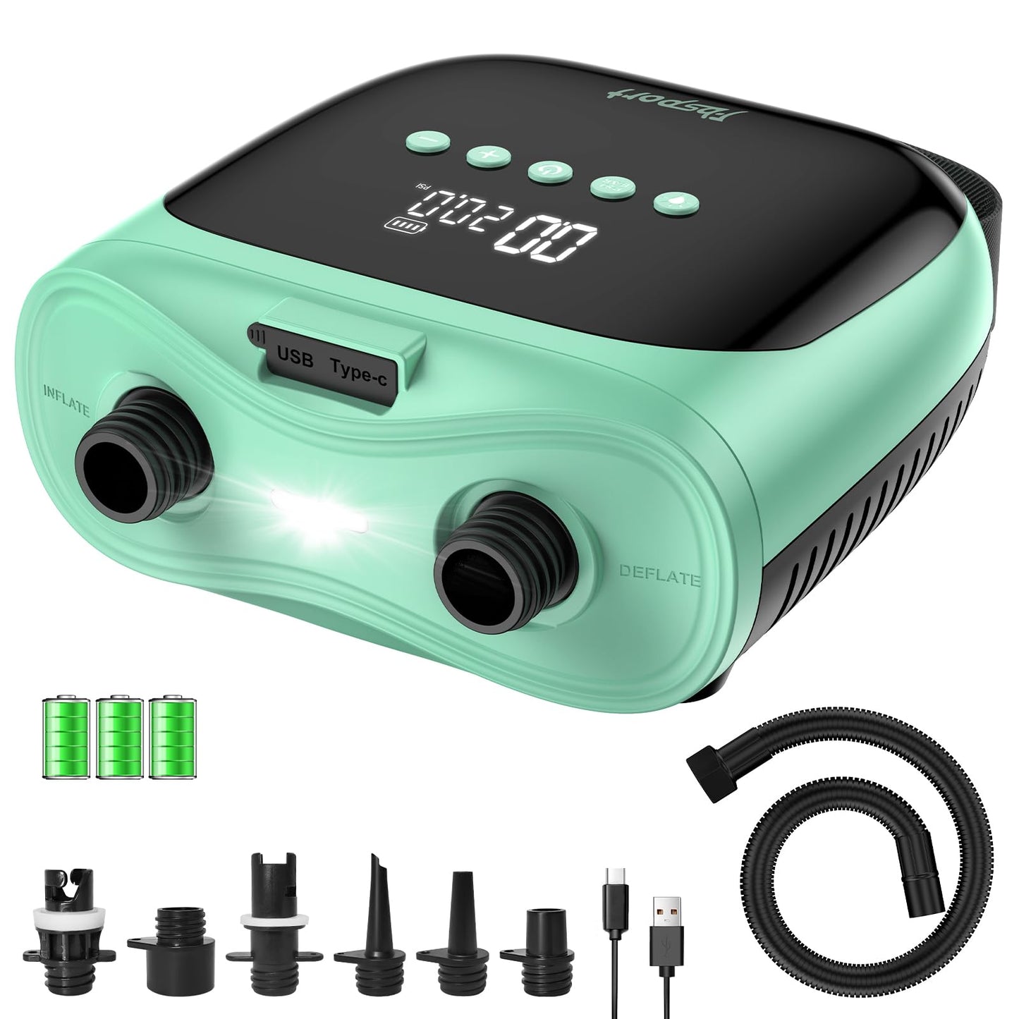 FBSPORT Paddle Board Pump Rechargeable 20PSI SUP Pump, Portable Electric Air Pump Quick Inflate & Deflate SUP Air Pump for Stand Up Paddle Boards, Kayak, Tent (Green)