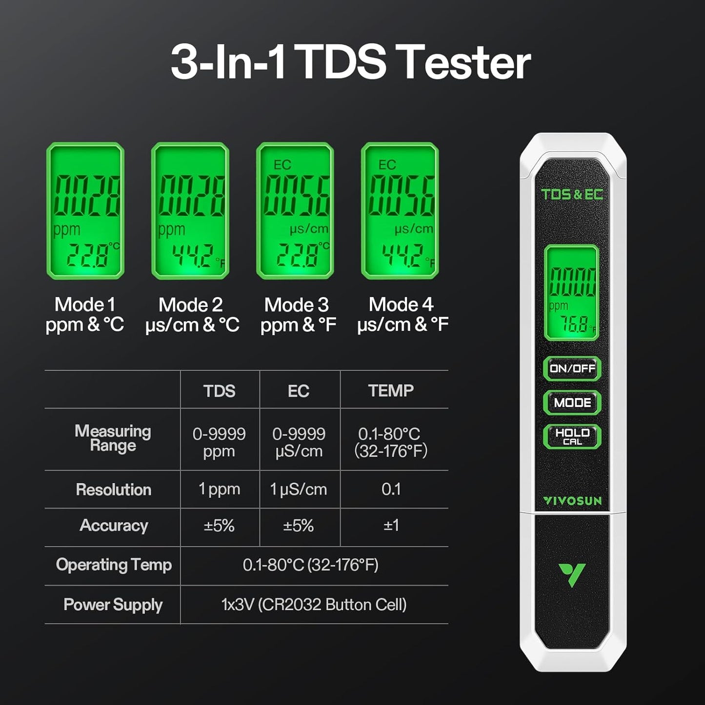 VIVOSUN Digital pH Meter - 3-in-1 TDS, EC & Temperature Tester for Home & Garden | Soil Moisture & Light