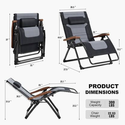 PURPLE LEAF Extra Wide Outdoor Reclining Chair Patio Zero Gravity Chaise Lounge Folding Chair with Quilted Cushion Adjustable Headrest for Lawn Camping Beach Pool Black and Grey