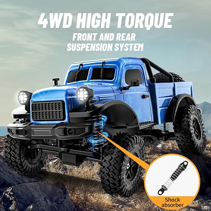 1:18 Scale All Terrain Remote Control Car 2.4 GHz 4WD RC Rock Crawler with LED Lights 12KPH Off-Road Pickup Truck Vehicle Toys RTR Gift for Adults