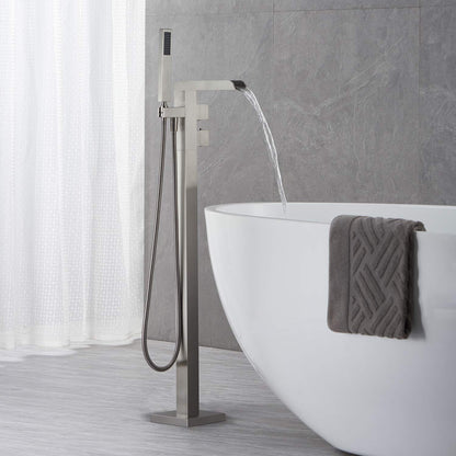 Wowkk Thermostatic Freestanding Bathtub Faucet Waterfall Tub Filler Brushed Nickel Floor Mount Brass Bathroom Faucets with Hand Shower