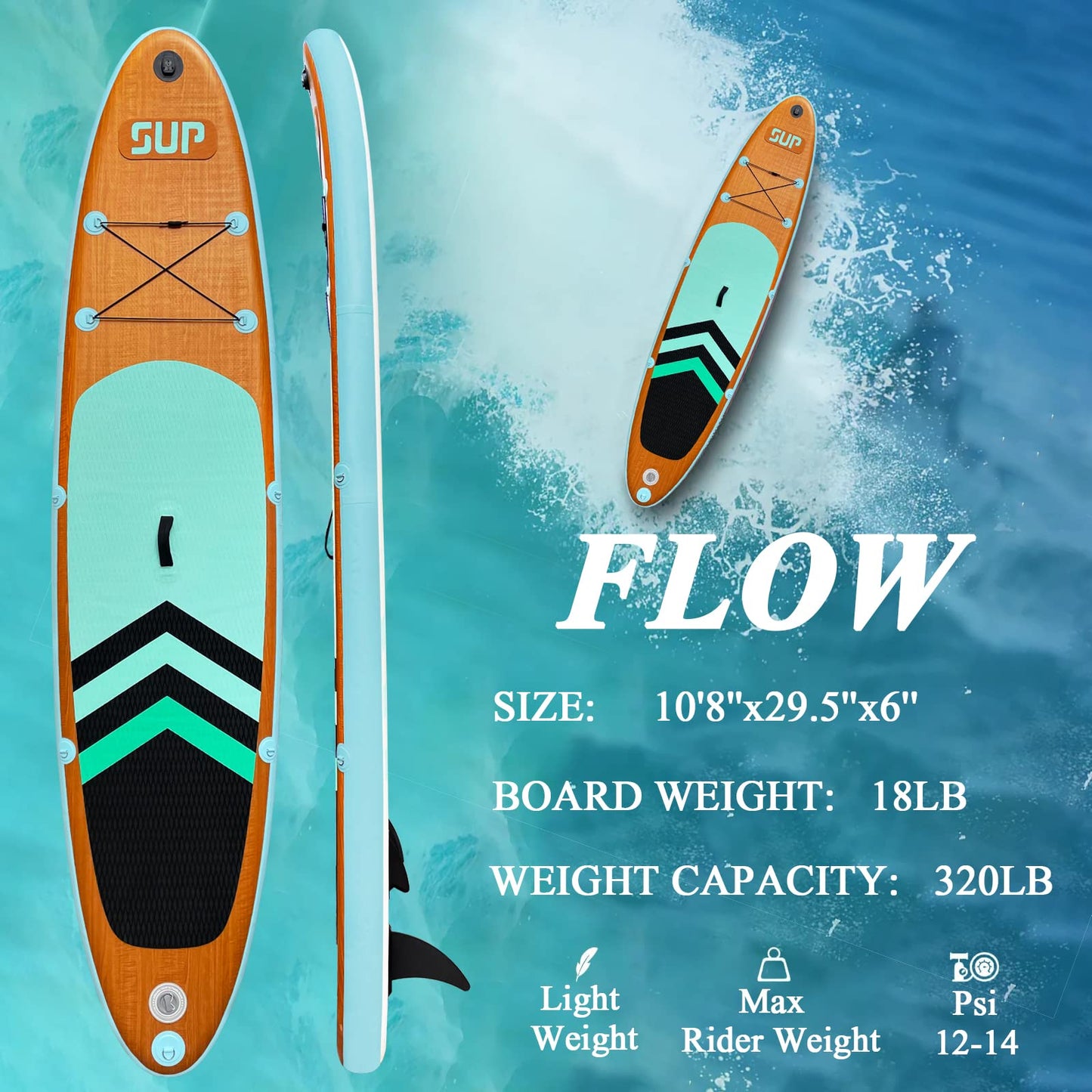 JC-ATHLETICS Inflatable Stand Up Paddle Board (6 Inches Thick), ISUP Package W/Premium SUP Accessories & Backpack, Non-Slip Deck,Fins, Adjustable Paddle,Leash,Hand Pump,Standing Boat for Youth & Adult