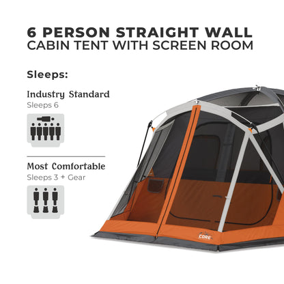 CORE 6 Person Cabin Tent with Screen Room | Portable Family Tent with Carry Bag for Outdoor Car Camping | Included Gear Loft for Camping Accessories