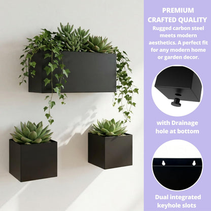 LaLaGreen Wall Planters (3 Set) Rectangular Wall Mounted Hanging Flower Boxes for Indoor Plants, Black Carbon Steel Metal Windox Box Planter Plant Pot Modern Balcony Windowsill Herb Home Garden Decor