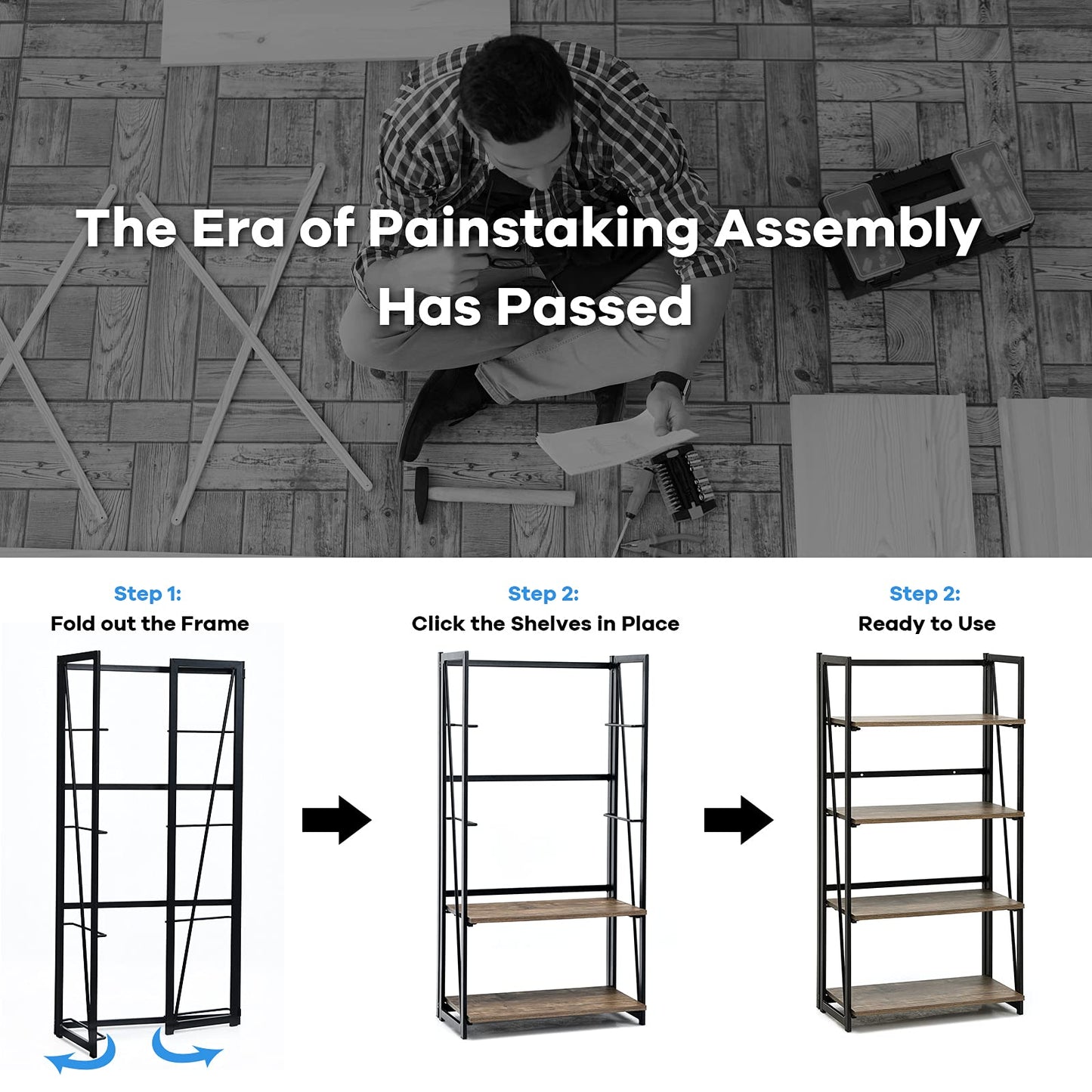 Giantex 4-Tier Bookshelf, No-Assembly Folding Industrial Storage Shelves w/Anti-Tipping Wall Bolt, Large Storage Space Display Rack and Freestanding Storage Organizer