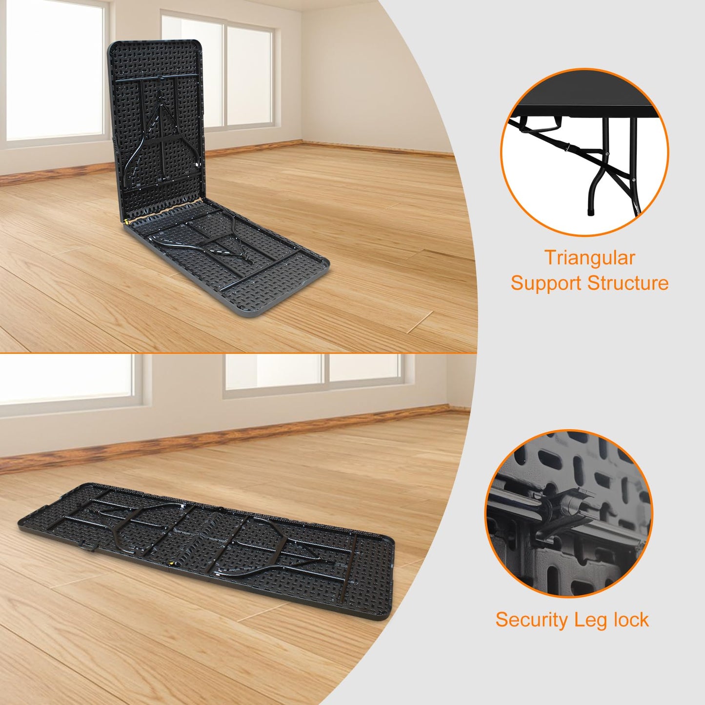 SculPong 8 FT Folding Table with Carry Handle, Portable Fold-in-Half Plastic Table, Rectangle Foldable Table for Indoor/Outdoor Black