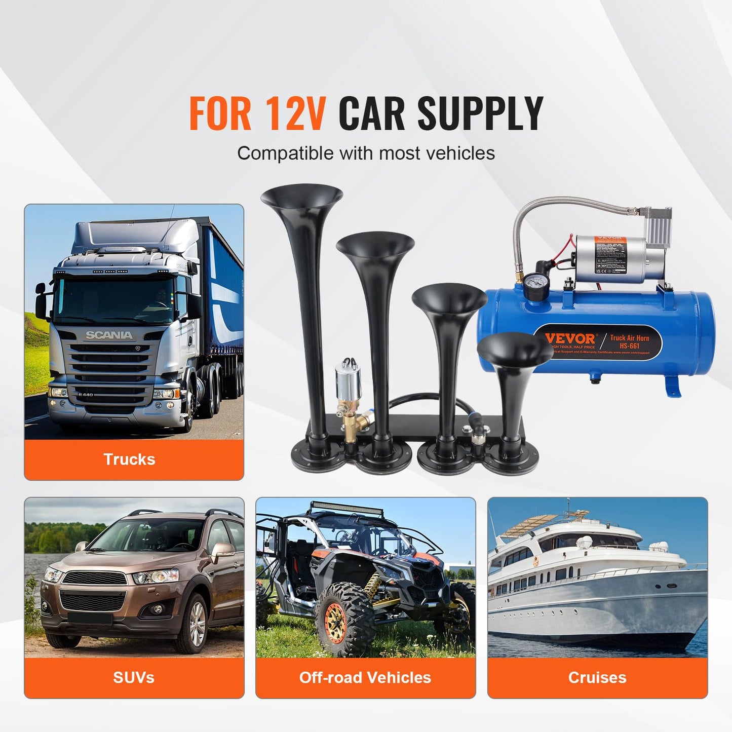 VEVOR 4 Trumpet Air Horn Kit, 150dB Train Horns for Pickup Trucks, 12V 120 psi Air Compressor 1.6 Gal/6 L Tank with Gauge for Any 12V Vehicle Car Truck Train Van Boat