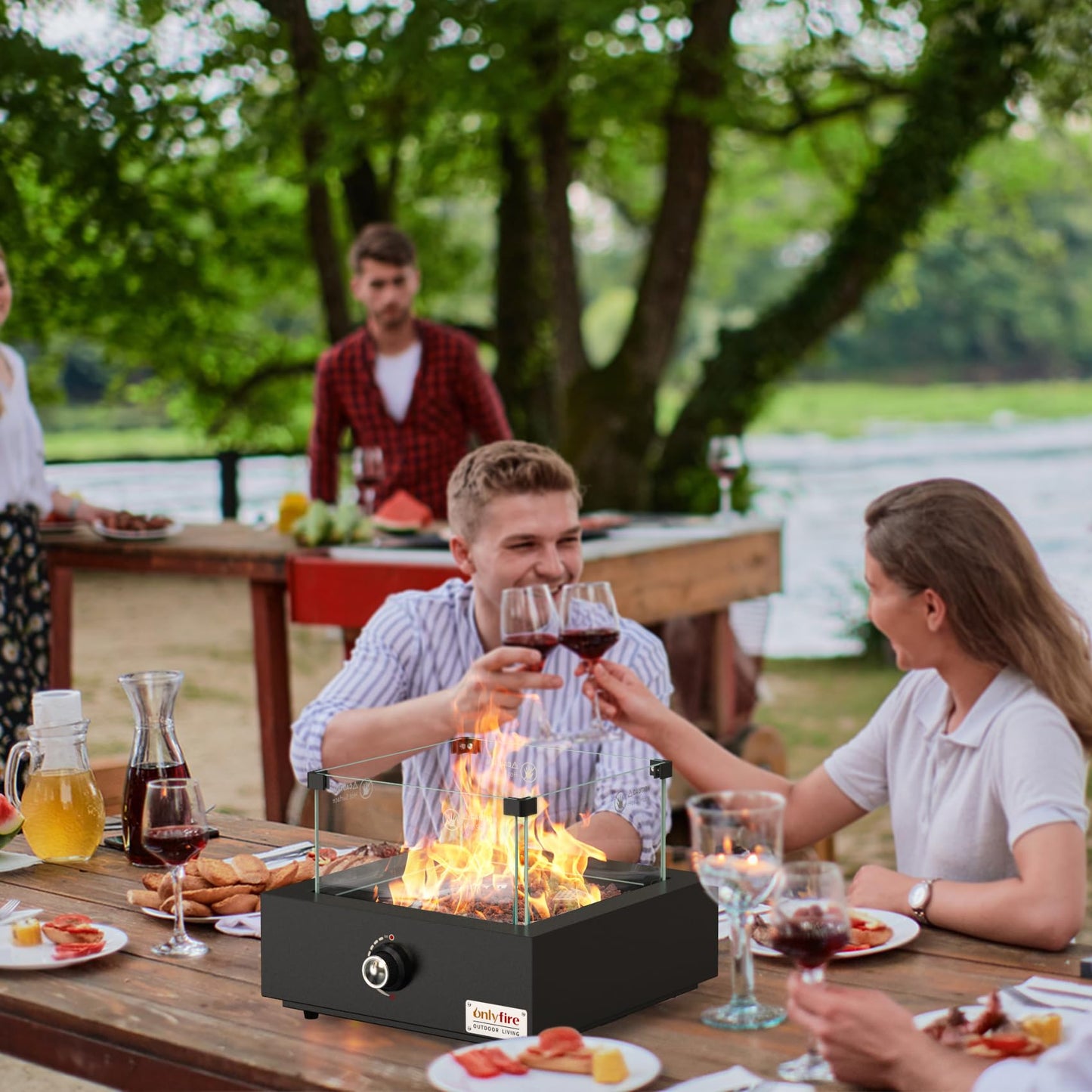 ONLYFIRE OUTDOOR LIVING Portable Propane Gas Fire Pit Bottom-Mounted for Table with Umbrella Hole, Tabletop Smokeless Firepit with Wind Guard for Patio Camping RV Tailgating, 23000BTU, Square FP041