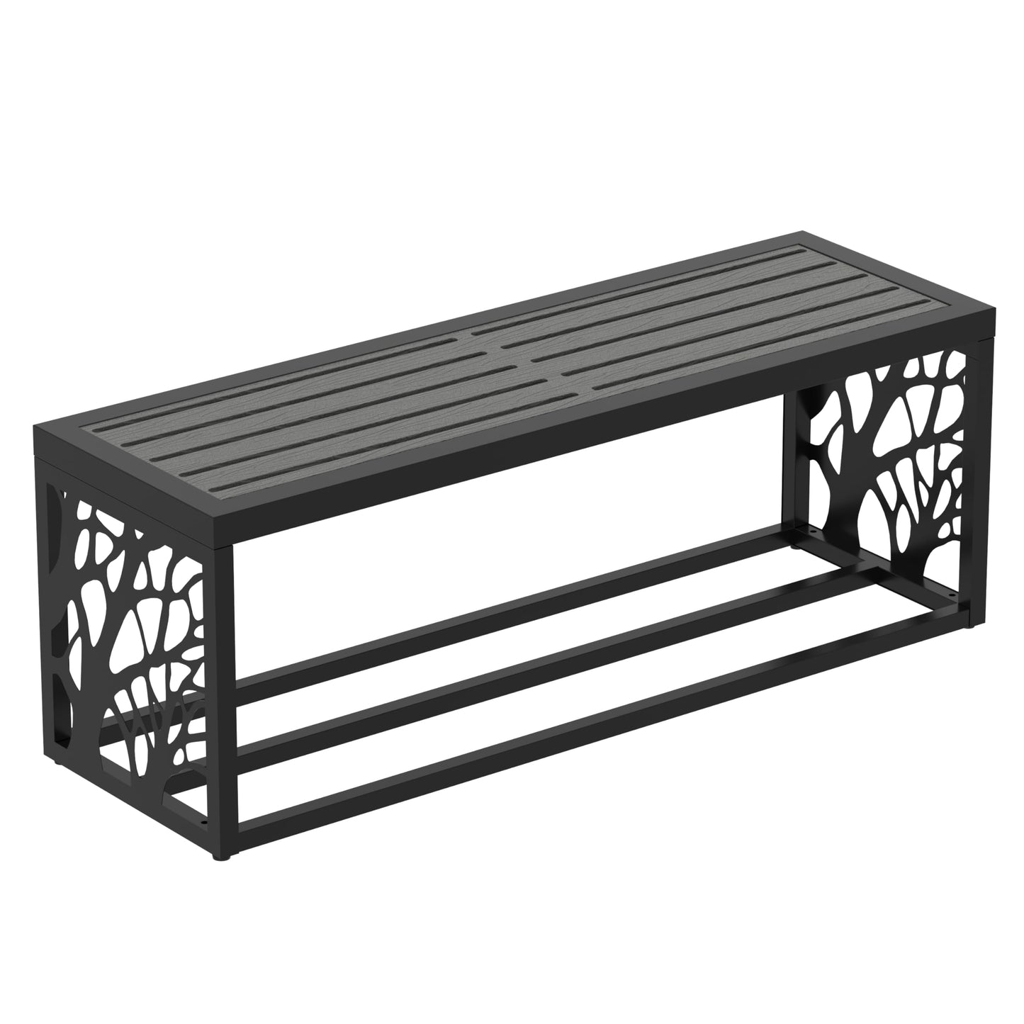 Orbotots 47" Outdoor Garden Bench with Storage Shelf, Modern Black Entryway Bench, Wood-Grain HDPE Seat, Galvanized Steel Frame with Powder Coating for Porch, Yard, Patio, Tree