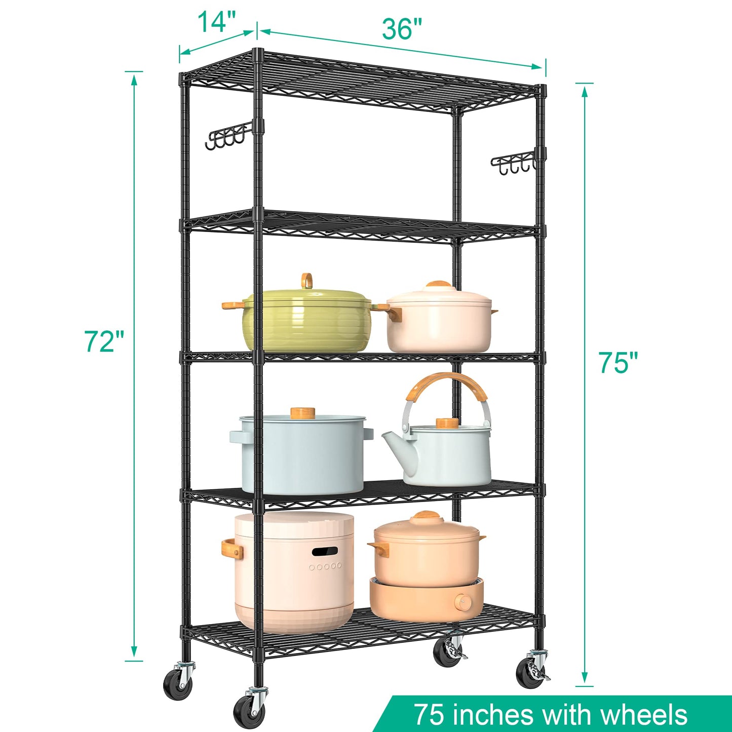 Folews 5 Tier Storage Shelves with Wheels - Adjustable Wire Shelving Unit Metal Shelves for Storage Rolling Utility Shelf Organizer Rack for Kitchen Garage Pantry Closet Laundry(14D x 36W x 75H)
